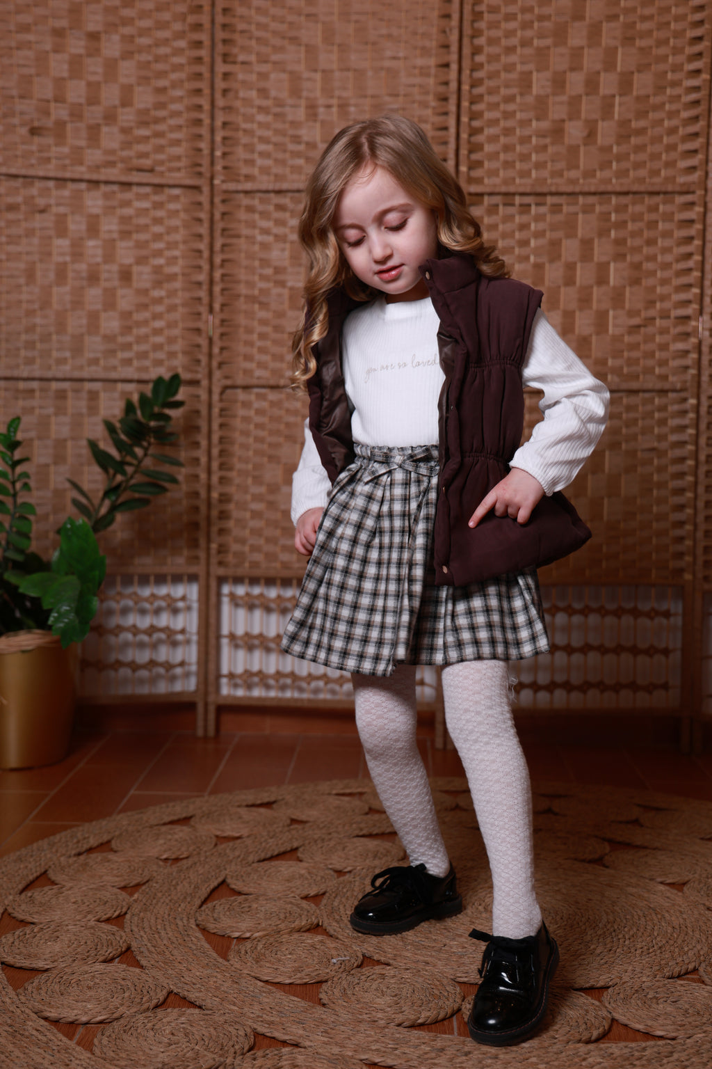 Little Lady Burgundy Vest & Plaid Skirt Set