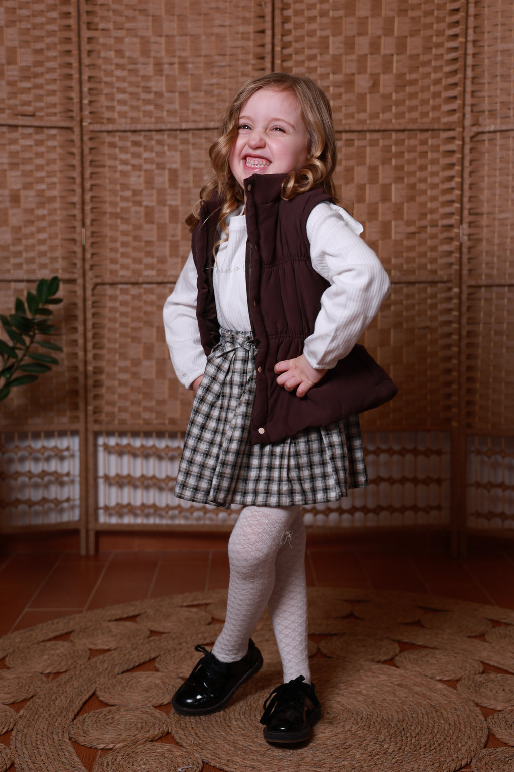 Little Lady Burgundy Vest & Plaid Skirt Set