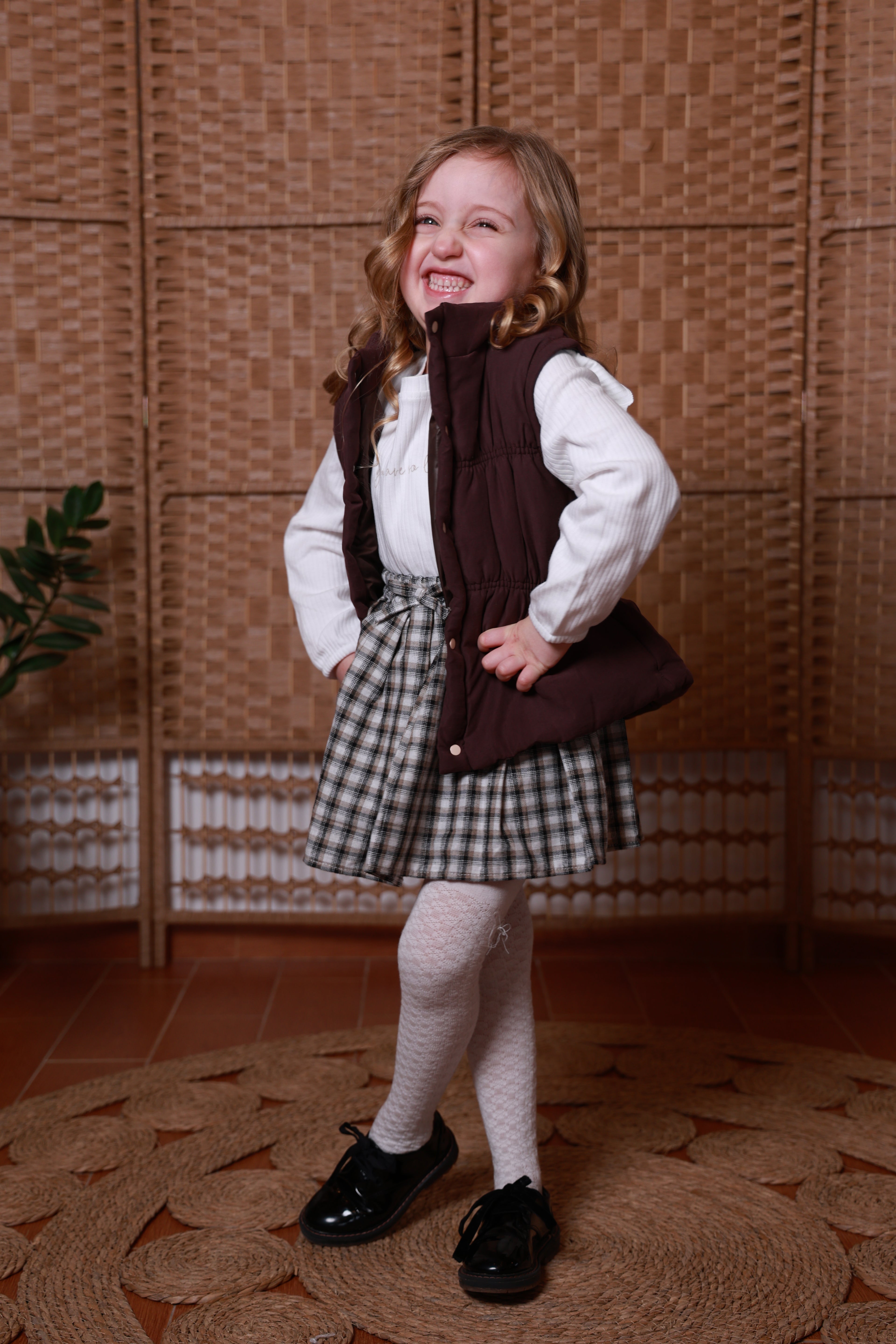 Little Lady Burgundy Vest & Plaid Skirt Set