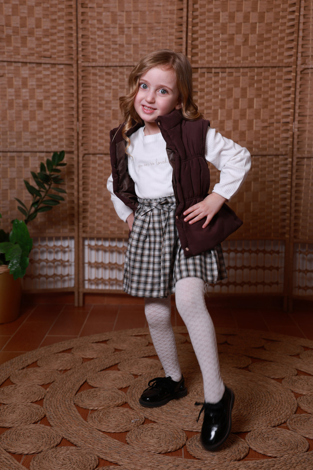 Little Lady Burgundy Vest & Plaid Skirt Set