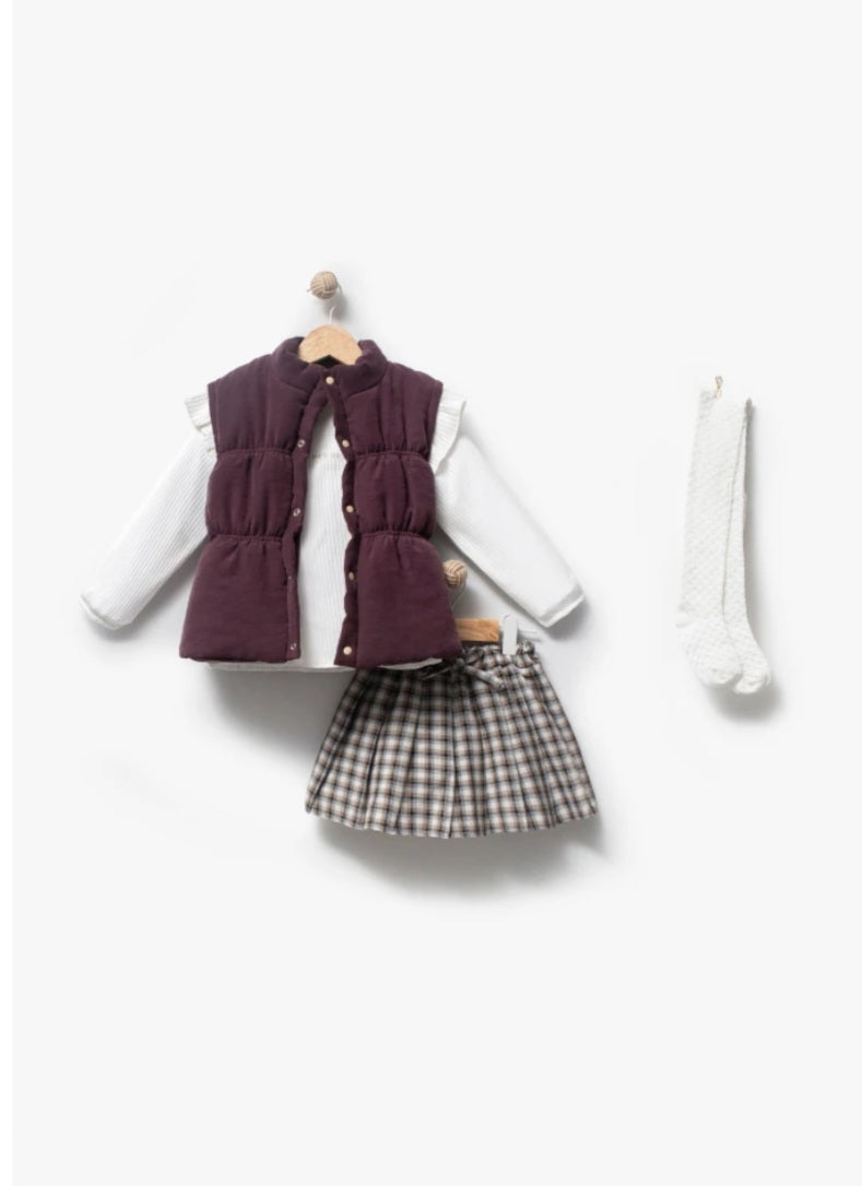 Little Lady Burgundy Vest & Plaid Skirt Set